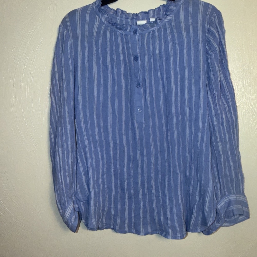 Gap Beautiful Blue Stripe Crepe Cotton Half Button Top Shirt Blouse Career Sz XL - Picture 4 of 5